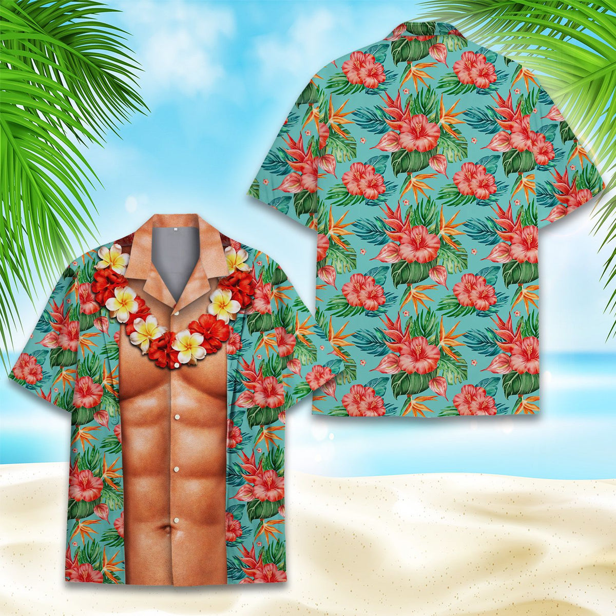 Close up front view of the tropical hawaiian shirt highlighting the red hibiscus and bird of paradise flowers