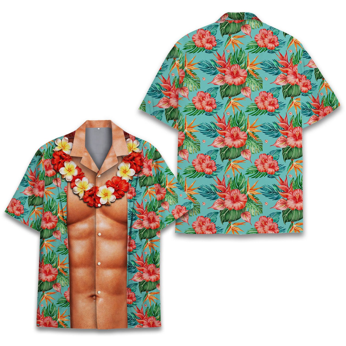 Another front view of the fun muscle illusion tropical hawaiian shirt