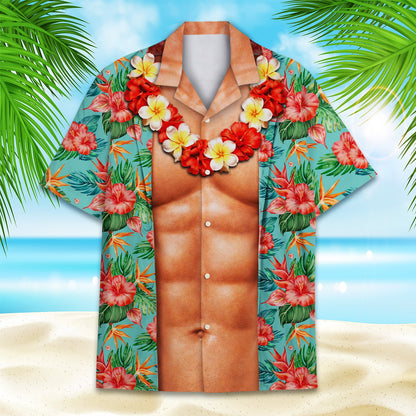 Front detail of the teal tropical hawaiian shirt showing the muscular torso and lei illusion