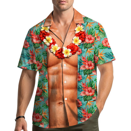 Lifestyle view of a person wearing the novelty tropical hawaiian shirt with muscle illusion