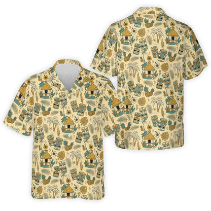 Beige tropical tiki matching family hawaiian shirt, front view