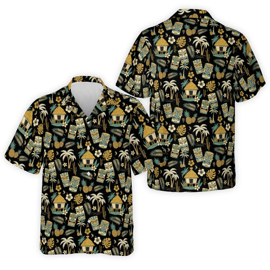 Black matching family hawaiian shirt with retro tropical tiki pattern, front view