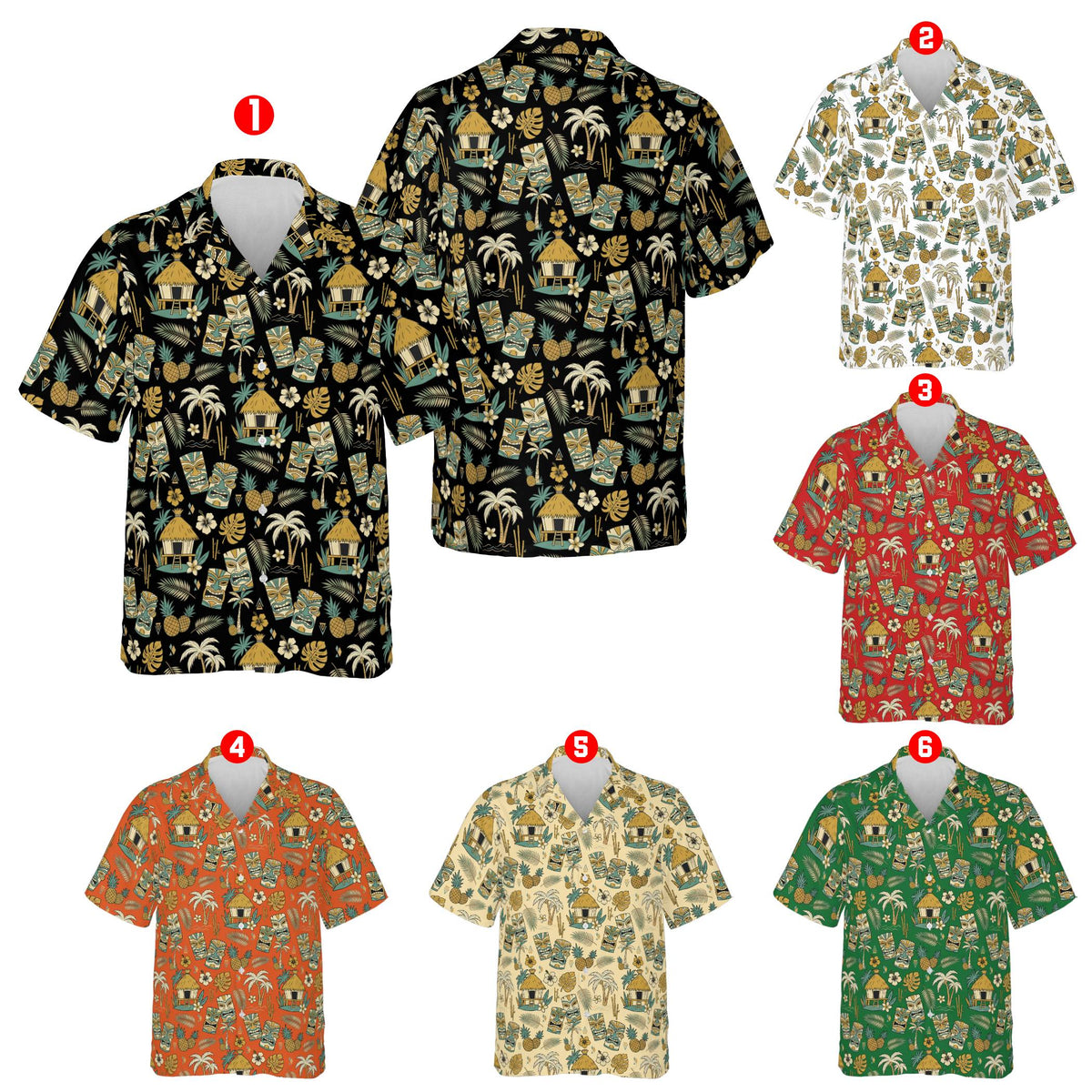 Tropical tiki hawaiian shirt showing colorful tiki masks and palm trees, front view