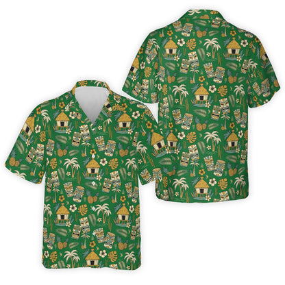 Green tropical tiki hawaiian shirt with pineapples and grass huts, front view