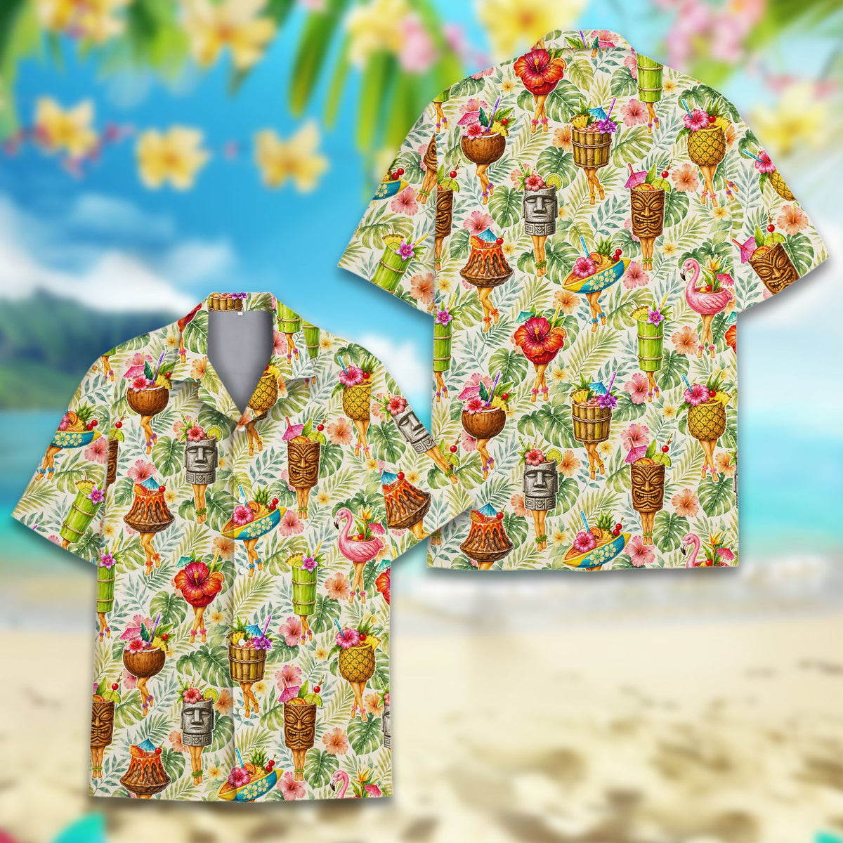 Close-up back view of the beige tropical tiki hawaiian shirt pattern