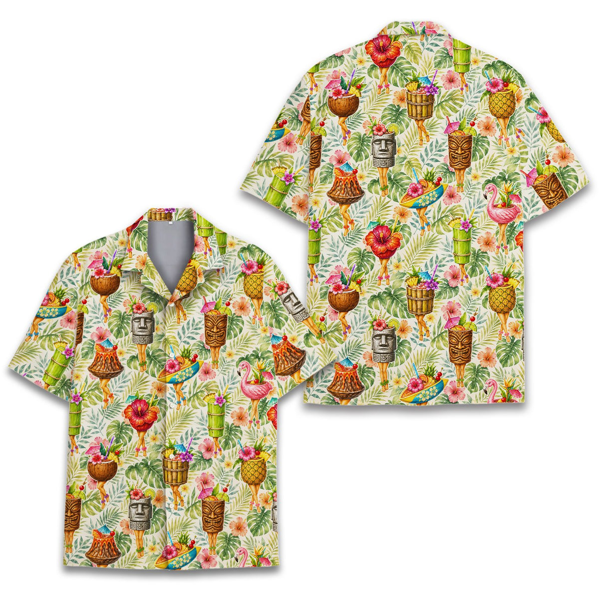 Close-up front view of the beige tropical tiki hawaiian shirt pattern