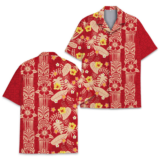 Red tropical tiki hawaiian shirt with yellow hibiscus and tiki mask motif, main view