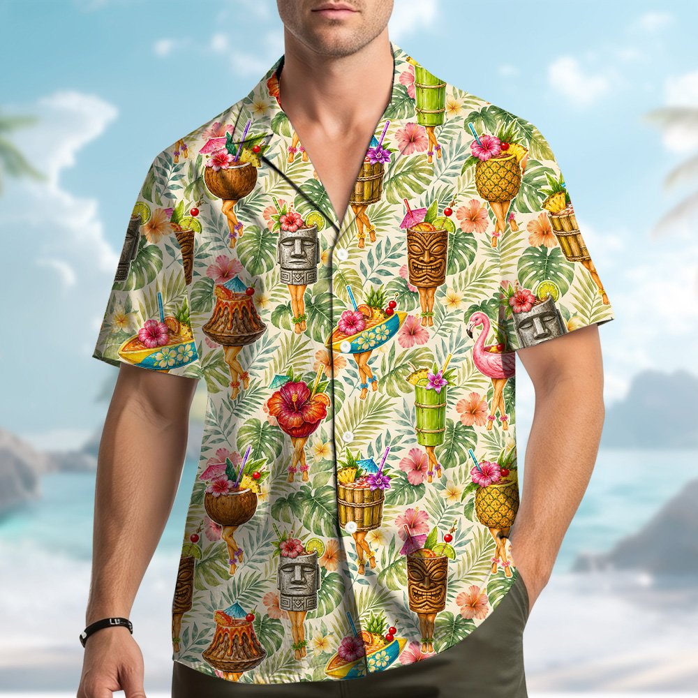 Tropical tiki hawaiian shirt with flamingo and pineapple print on beige background