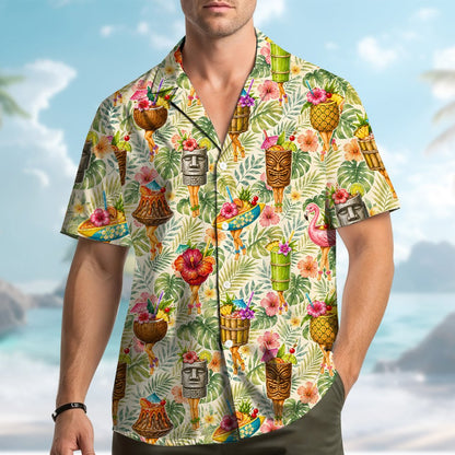 Tropical tiki hawaiian shirt with flamingo and pineapple print on beige background