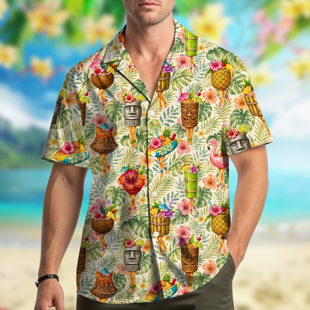 Lifestyle shot of a couple wearing matching beige tropical hawaiian shirts