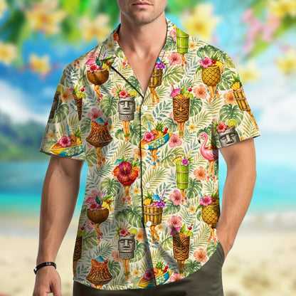 Lifestyle shot of a couple wearing matching beige tropical hawaiian shirts