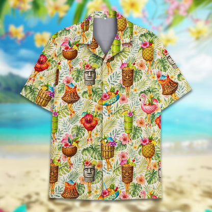 Outdoor lifestyle view showing the tropical tiki hawaiian shirt print details