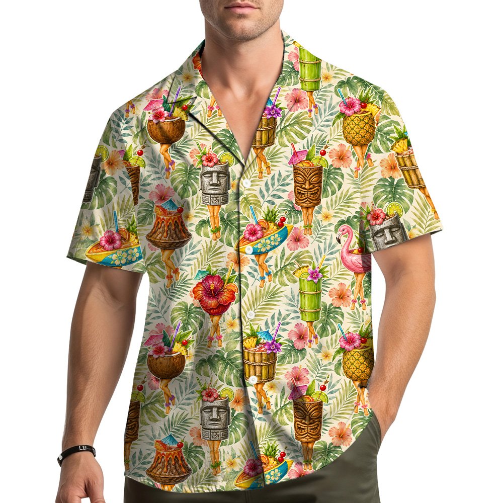 Lifestyle view of a family wearing matching tropical tiki hawaiian shirts outdoors