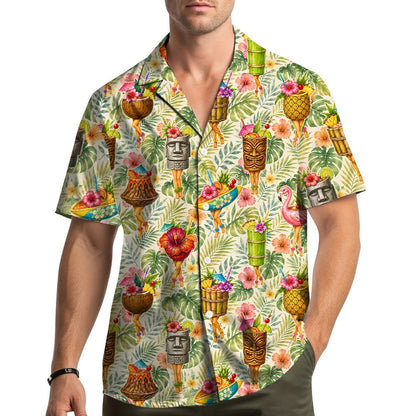 Lifestyle view of a family wearing matching tropical tiki hawaiian shirts outdoors