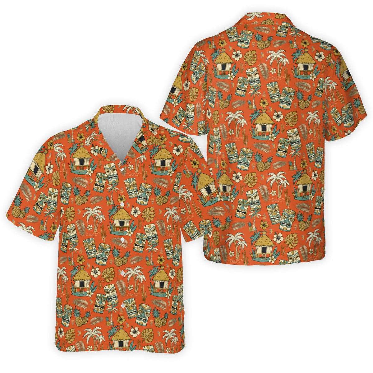 Orange family hawaiian shirt with tropical print, front view