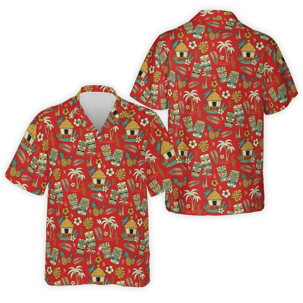 Red matching family hawaiian shirt featuring tiki mask design, front view