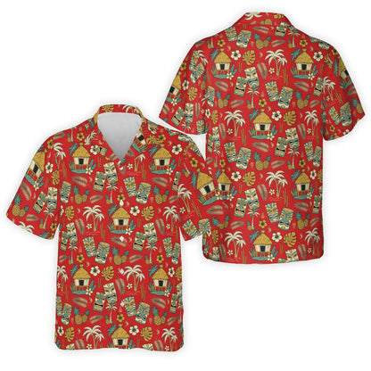 Red matching family hawaiian shirt featuring tiki mask design, front view