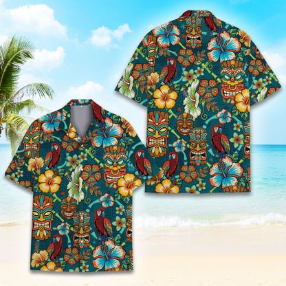 Close up front view of the teal tropical hawaiian shirt showing the collar and buttons