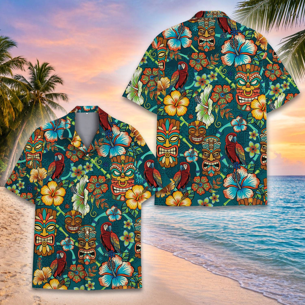 Another front view of the tiki hawaiian shirt featuring red macaws