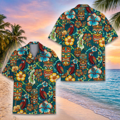 Another front view of the tiki hawaiian shirt featuring red macaws