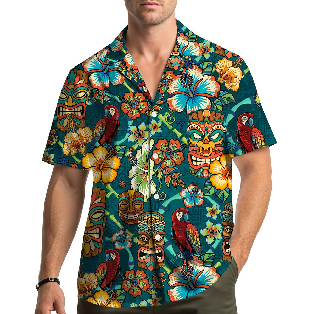 Detailed view of the fabric and tiki mask pattern on the hawaiian shirt