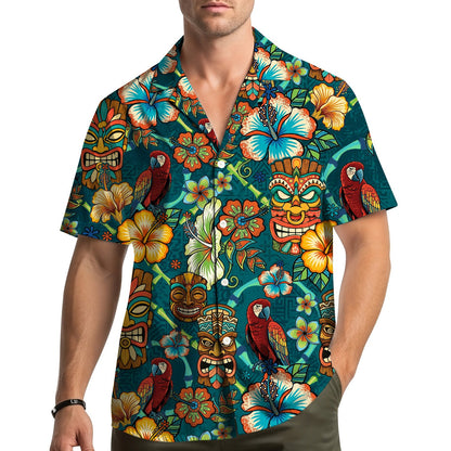 Detailed view of the fabric and tiki mask pattern on the hawaiian shirt