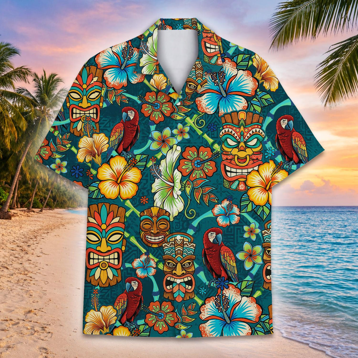 Full front view of the matching family hawaiian shirt laid flat