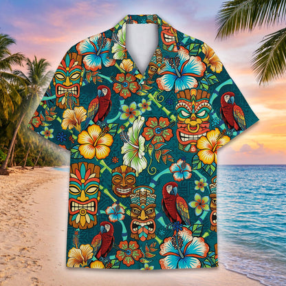 Full front view of the matching family hawaiian shirt laid flat