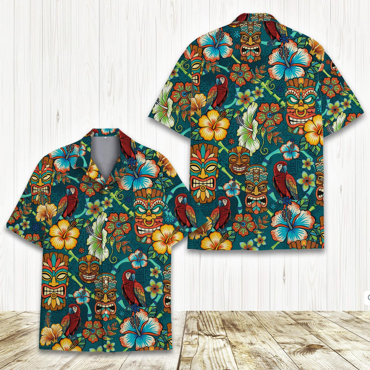 Front detail of the matching family hawaiian shirts in tropical tiki design