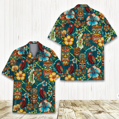 Front detail of the matching family hawaiian shirts in tropical tiki design