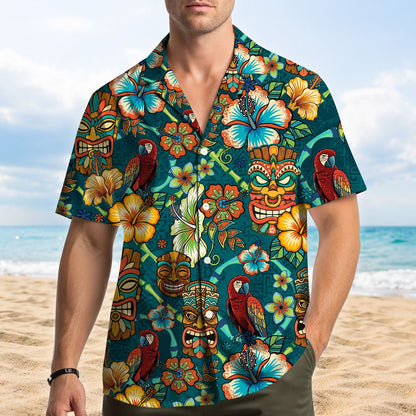 Lifestyle view of a family wearing matching family hawaiian shirts outdoors