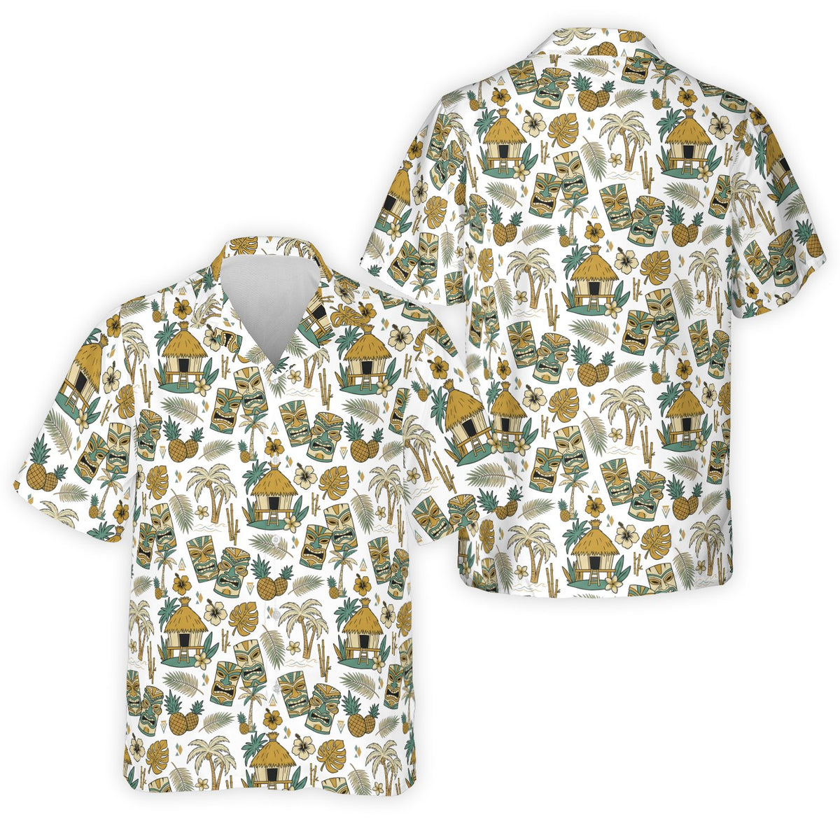 White matching family hawaiian shirt with vintage tropical pattern, front view