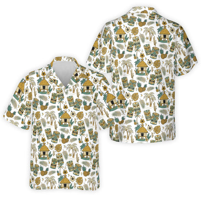 White matching family hawaiian shirt with vintage tropical pattern, front view
