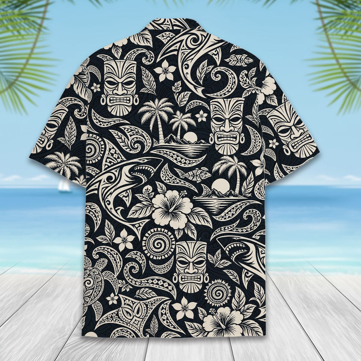 Detailed back view showing the repeating tiki mask and shark design
