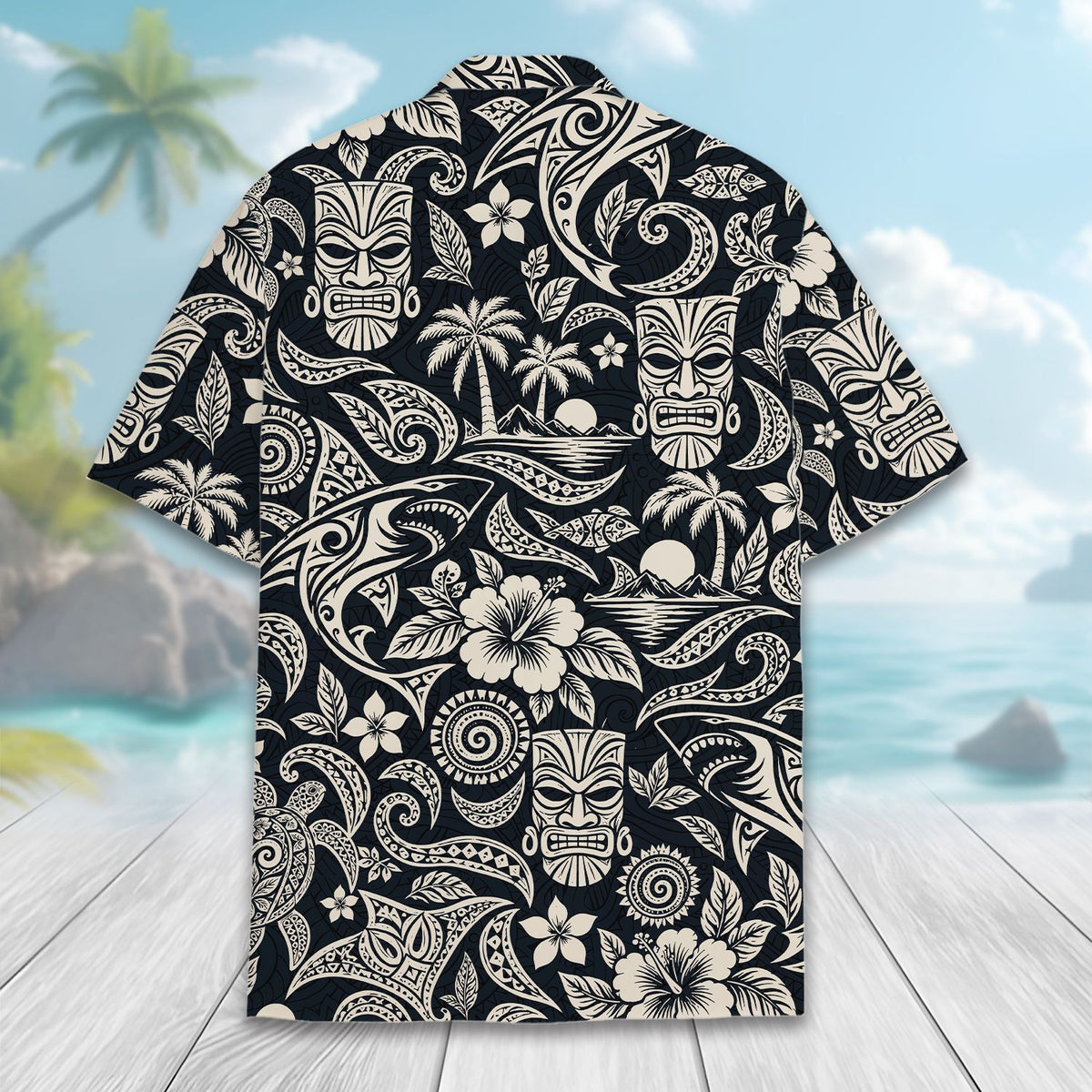 Close up back view of the navy and beige tropical tribal pattern