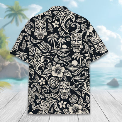 Close up back view of the navy and beige tropical tribal pattern