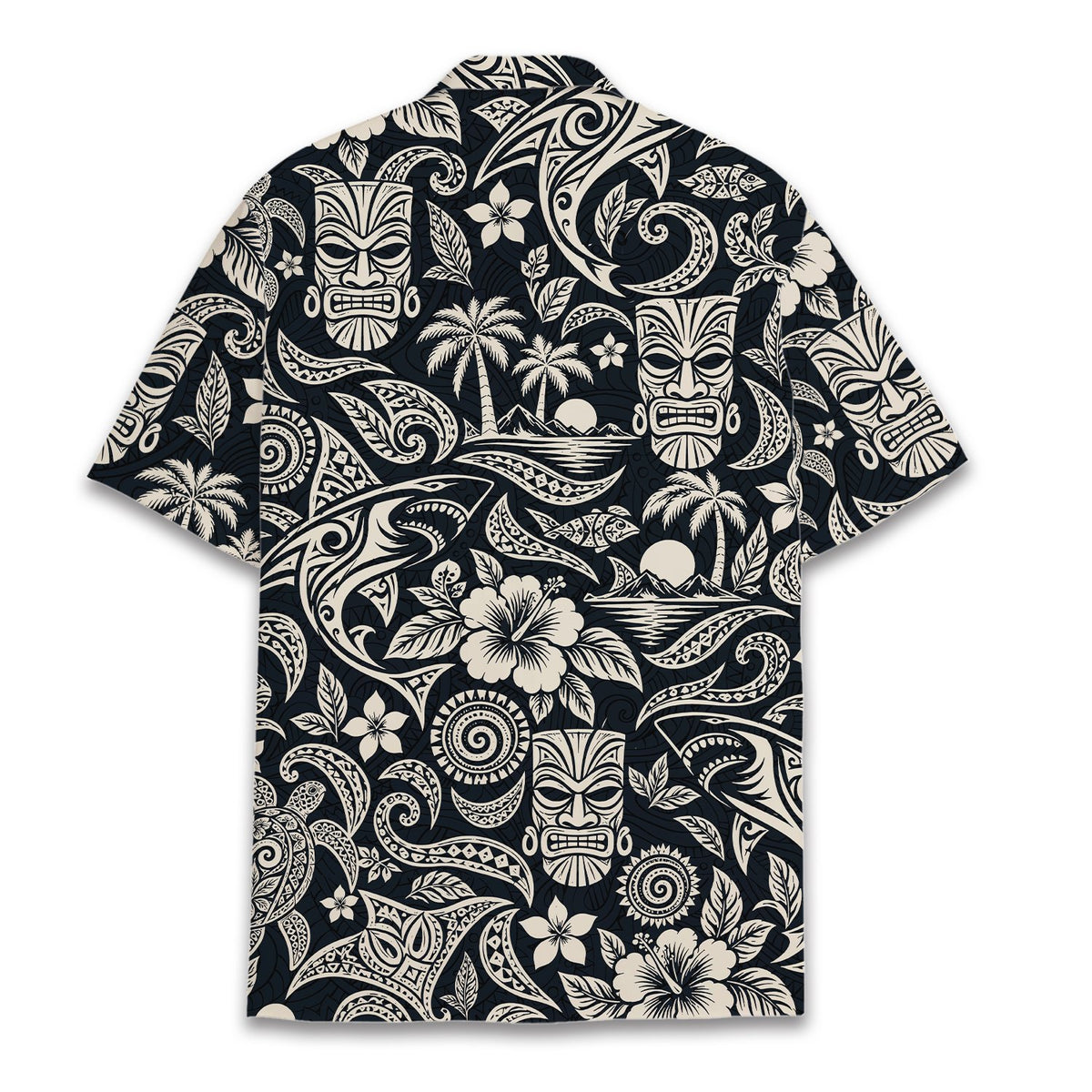 Back view of the tropical tribal family matching hawaiian shirt
