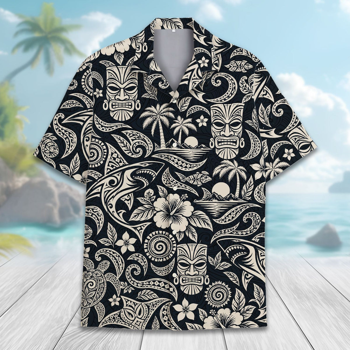 Detailed front view of the tropical hawaiian shirt in navy and beige