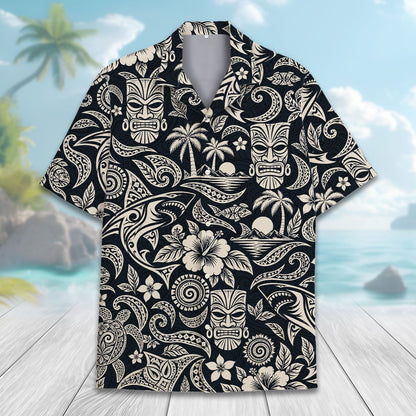 Detailed front view of the tropical hawaiian shirt in navy and beige