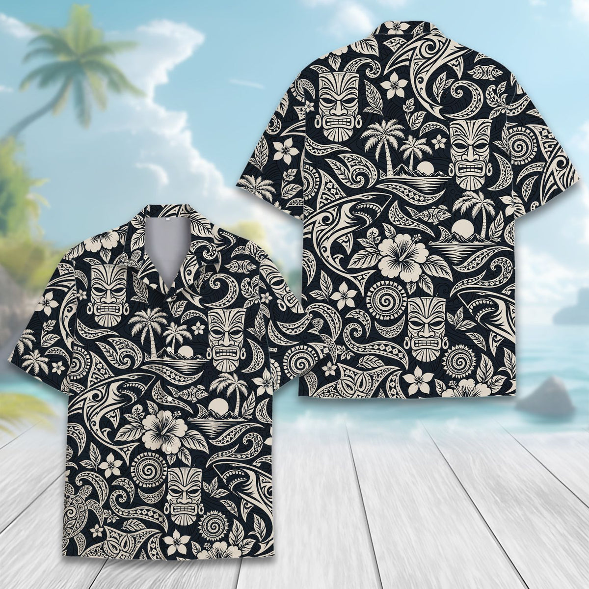 Close up front view of the tribal hawaiian shirt featuring tiki masks and sea turtles