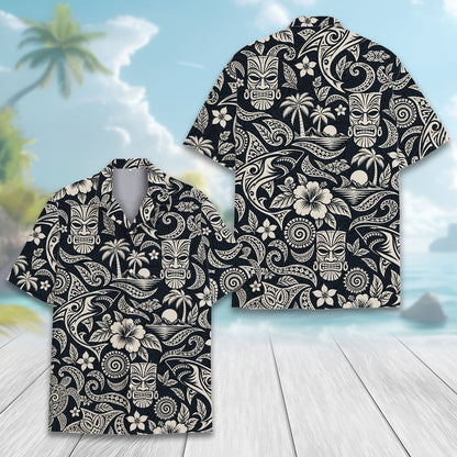 Close up front view of the tribal hawaiian shirt featuring tiki masks and sea turtles