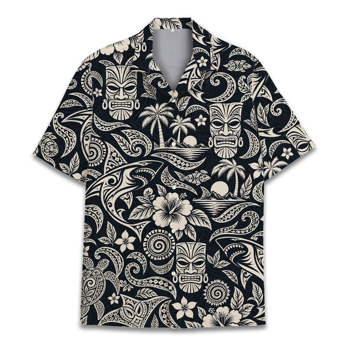 Front view of the hawaiian tribal t shirt inspired button down