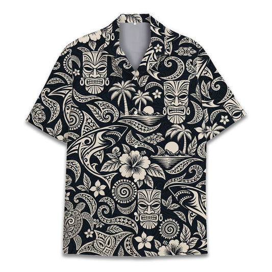 Navy and beige matching family hawaiian shirts with tropical tribal pattern, main view