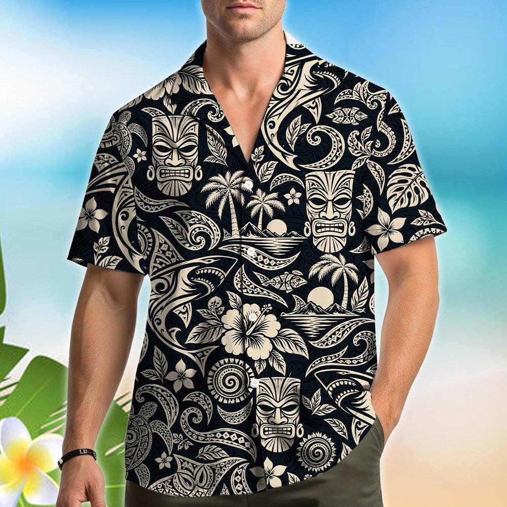 Second lifestyle view of the matching family hawaiian shirts outdoors