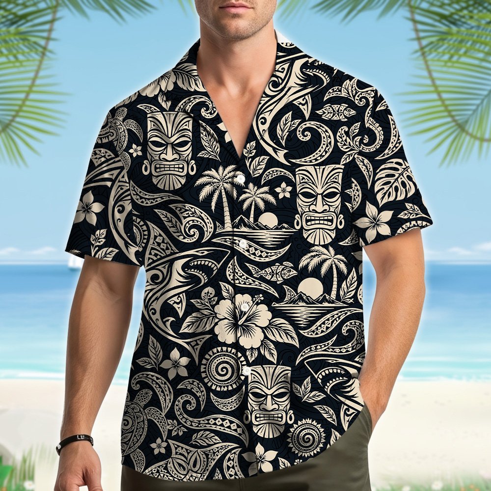 Lifestyle view of a family wearing the matching family hawaiian shirts