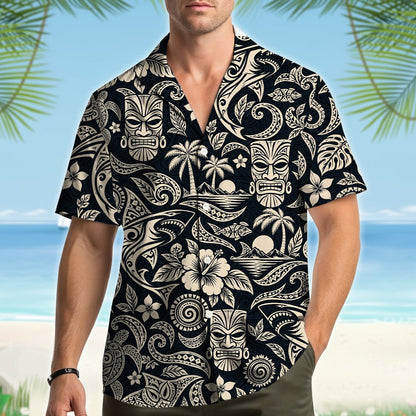 Lifestyle view of a family wearing the matching family hawaiian shirts