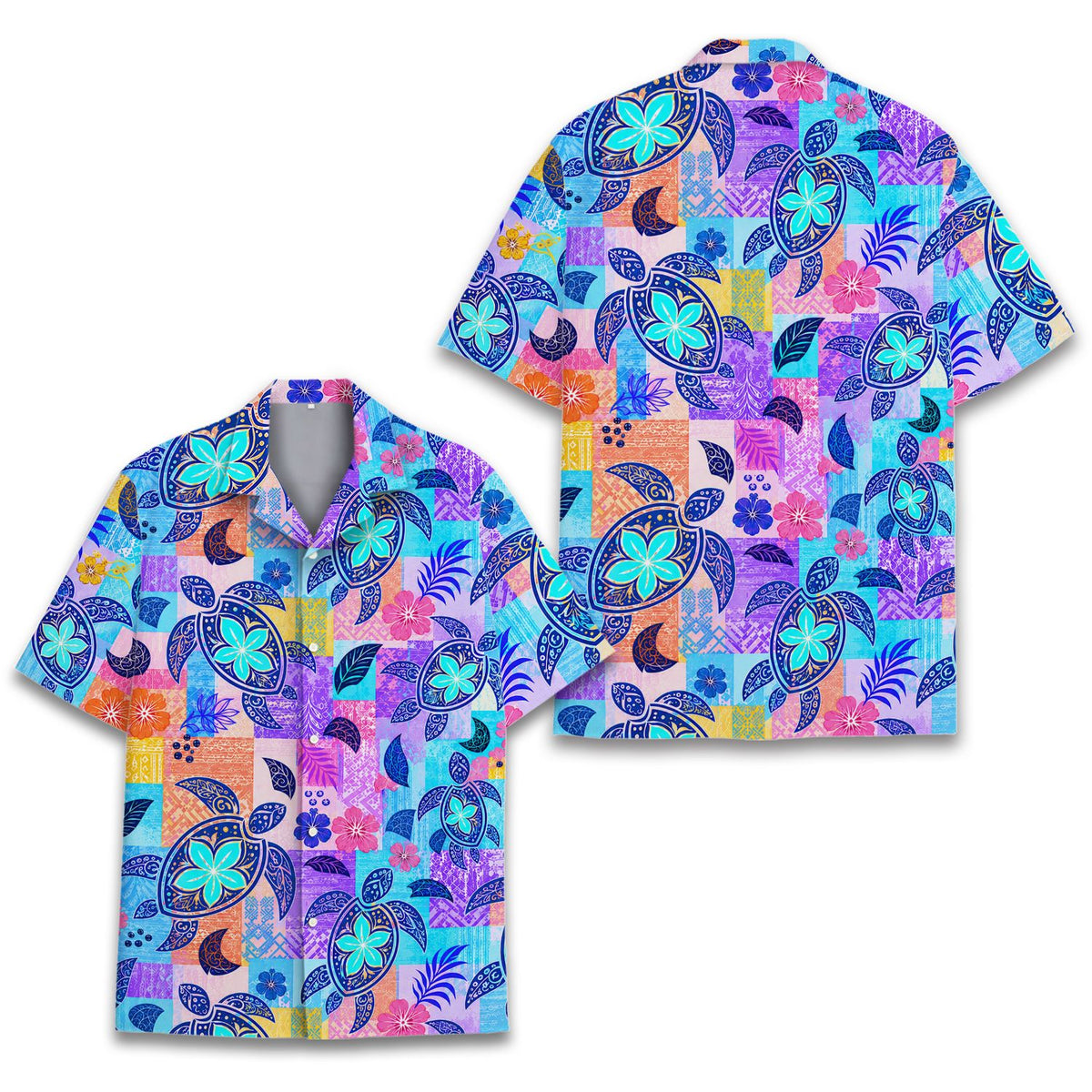 Front view of the tropical turtle hawaiian shirt featuring colorful geometric patchwork and sea turtles