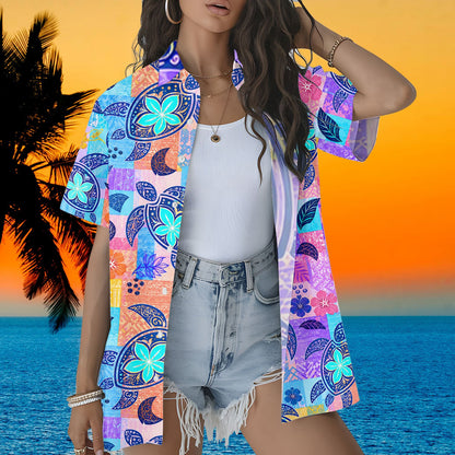 Third lifestyle view of the multicolor turtle hawaiian shirt being worn on a sunny day
