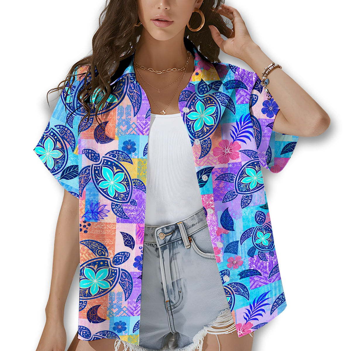 Fourth lifestyle view showing the back and side details of the tropical turtle hawaiian shirt