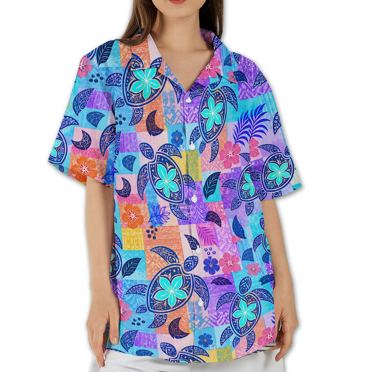 Seventh lifestyle view of the vivid sea turtle and hibiscus print hawaiian shirt